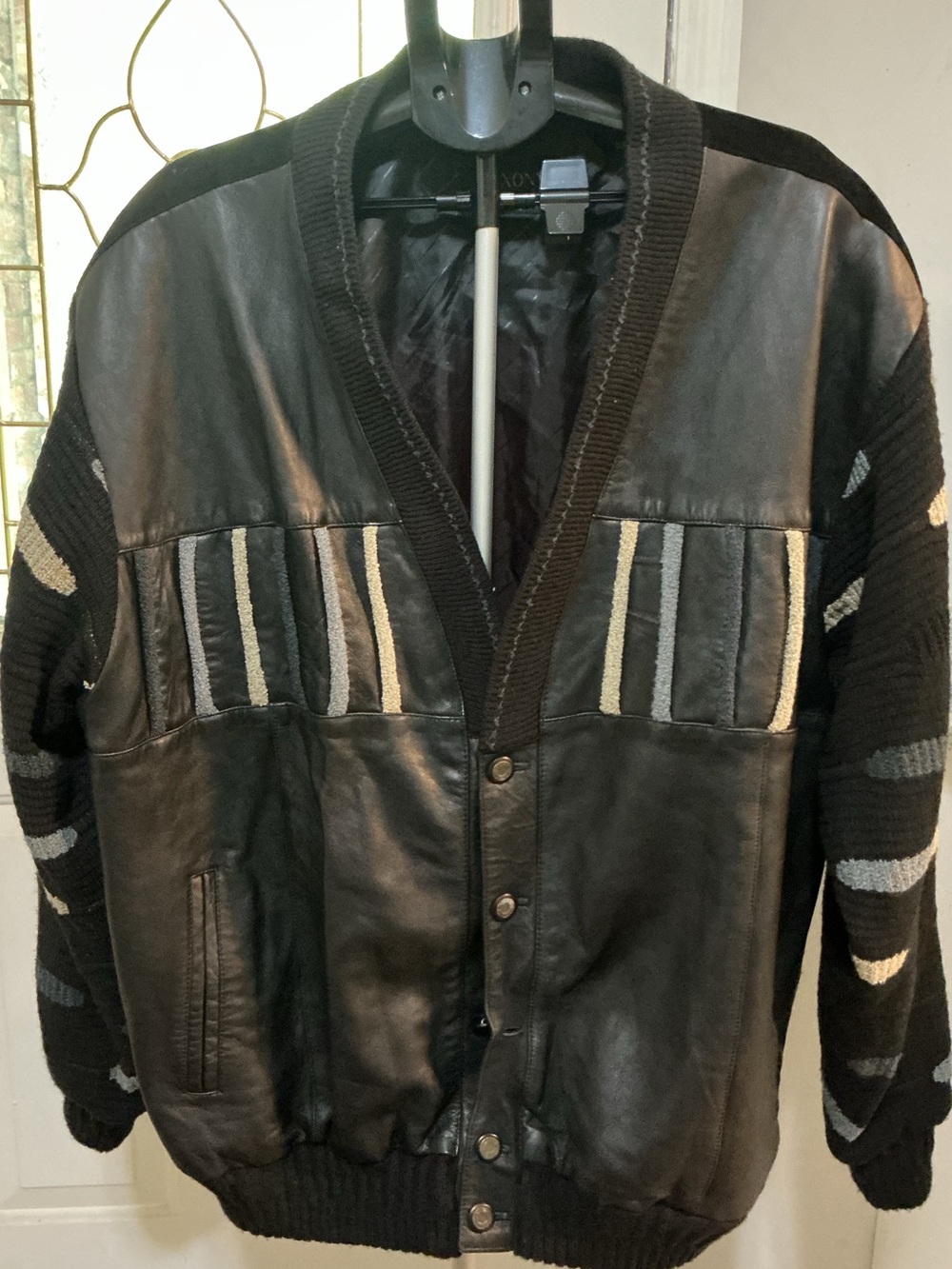 Men's Black Leather & Knit Panel Bomber Jacket